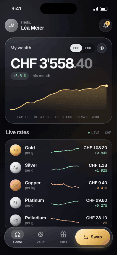 The MySwissVault home screen, showing live metal prices